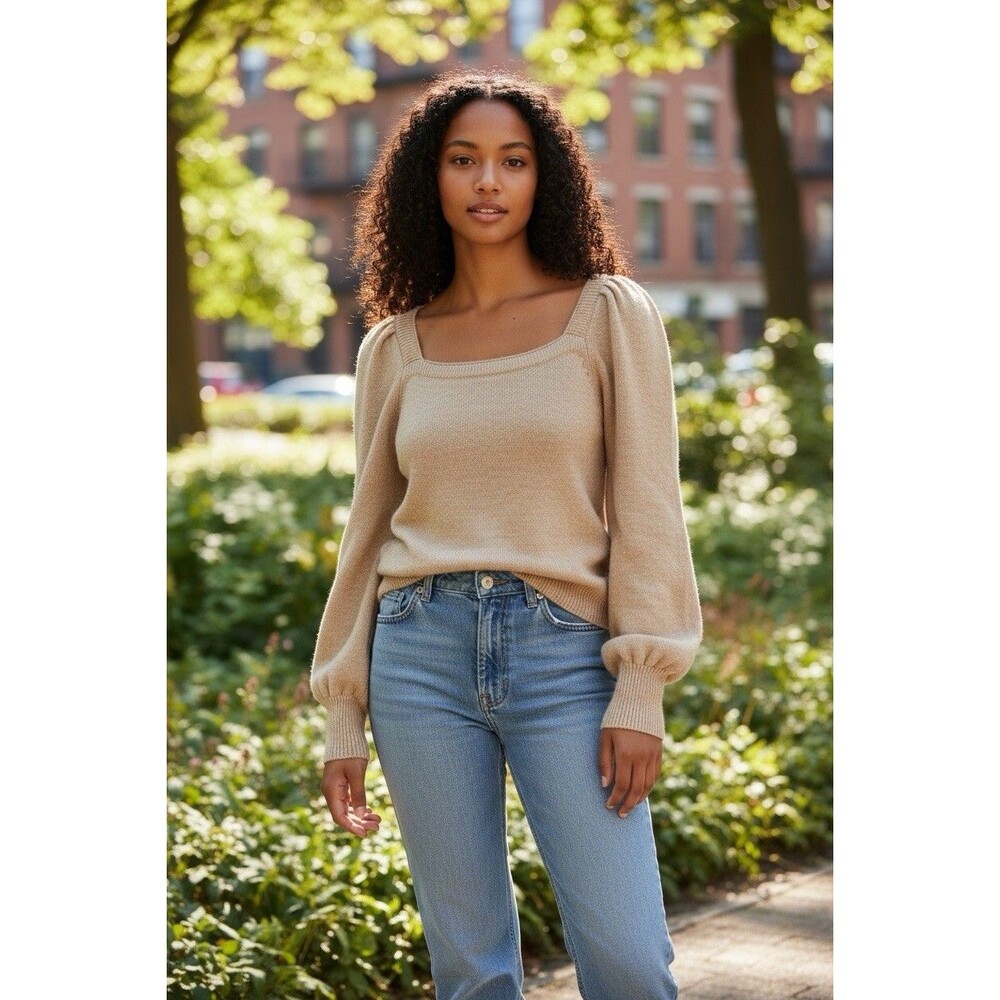 Anthropologie Beige Knit Sweater Puff Sleeve Square Neck Cottagecore Boho M